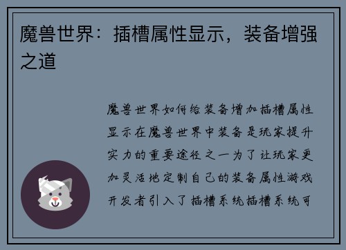 魔兽世界：插槽属性显示，装备增强之道